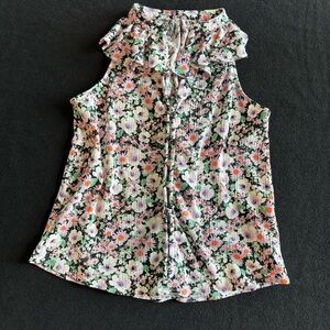 Anthropologie Textured Floral Ruffle Neck Sleeveless Button Blouse Small